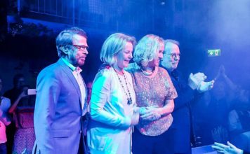 ABBA's Bjorn Ulvaeus, Agnetha Faltskog, Benny Andersson, and Anni-Frid Lyngstad at the "Mamma Mia! The Party" premiere in 2016