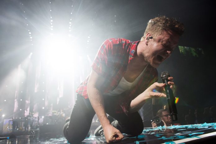 Dan Reynolds from Imagine Dragons in concert at the O2 Arena, London, 28 Feb 2018