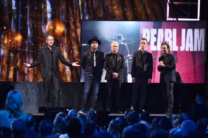 Stone Gossard, Jeff Ament, Mike McCready Matt Cameron and Eddie Vedder from Pearl Jam at the 2017 Rock and Roll Hall of Fame Induction Ceremony