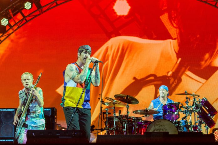 Red Hot Chili Peppers - Flea (Michael Balzary), Anthony Kiedis, and Chad Smith in concert in 2017