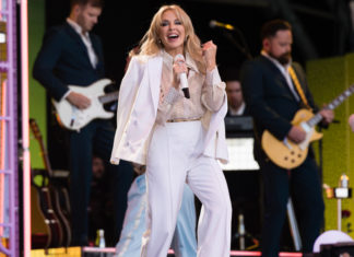 Kylie Minogue performing on the Pyramid stage, Glastonbury Festival, 2019