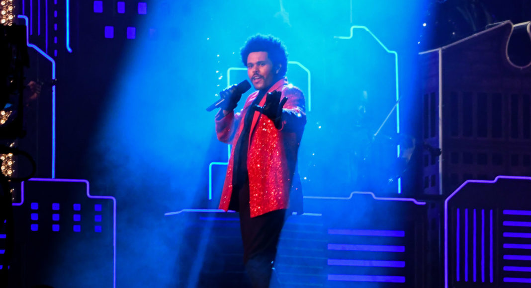 The Weeknd performs during the half time show at Super Bowl LV in 2021.