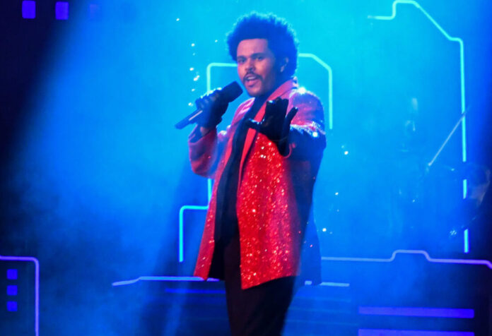 The Weeknd performs during the half time show at Super Bowl LV in 2021.