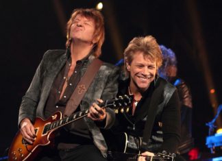 Sambora and Jon Bon Jovi at Bon Jovi in concert on "Because We Can Tour" in 2013
