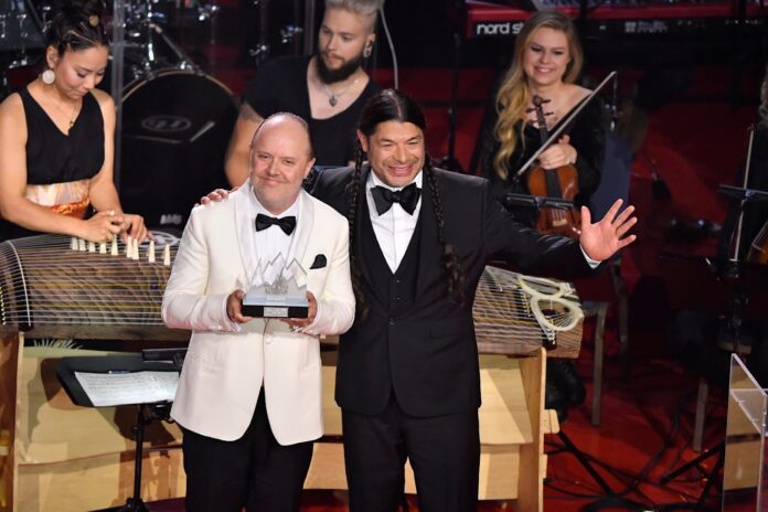 Robert Trujillo and Lars Ulrich from Metallica with a Polar Music Prize in 2018.